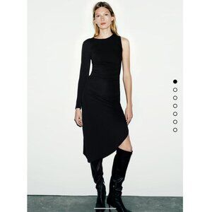 Zara NWT black ruched asymmetrical midi dress